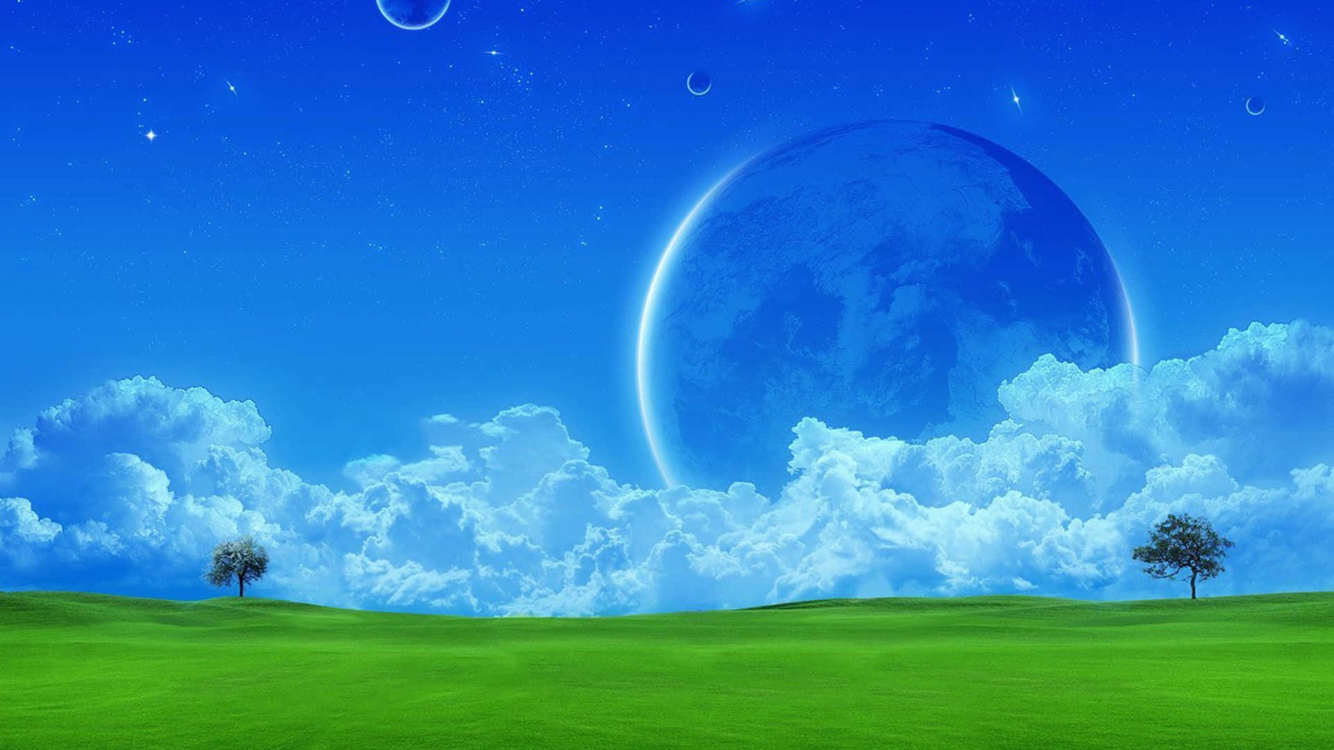 Best Desktop Pc Background Blue Sky With Planets And Green Field Background