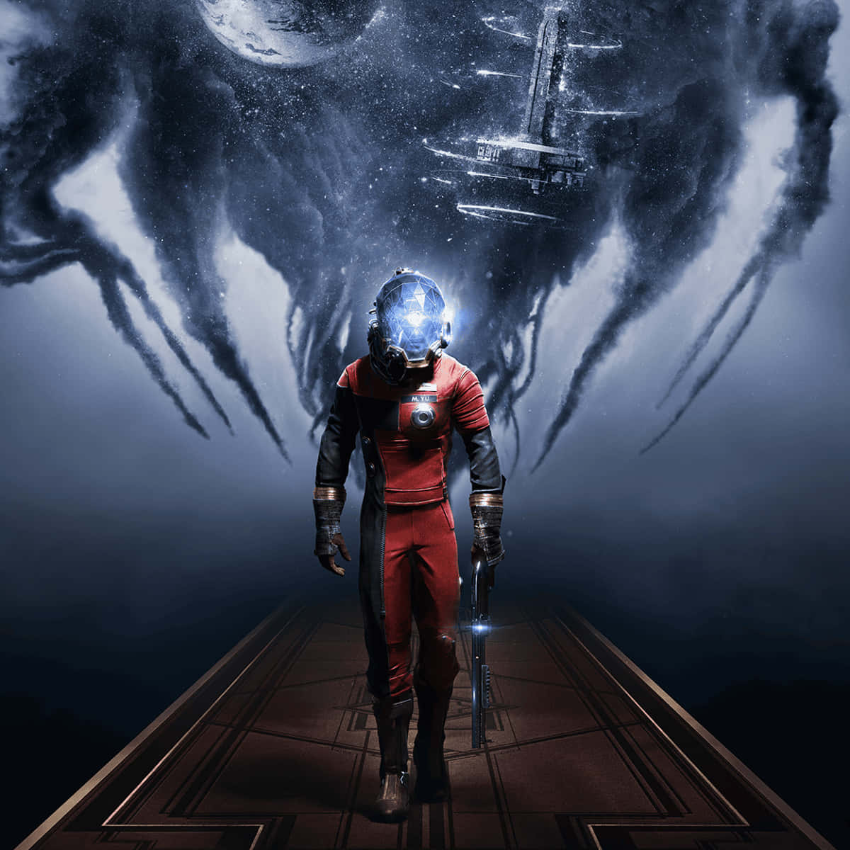 Unhombre Vestido Con Un Traje Rojo Está Parado En Un Camino Con Una Nave Espacial.