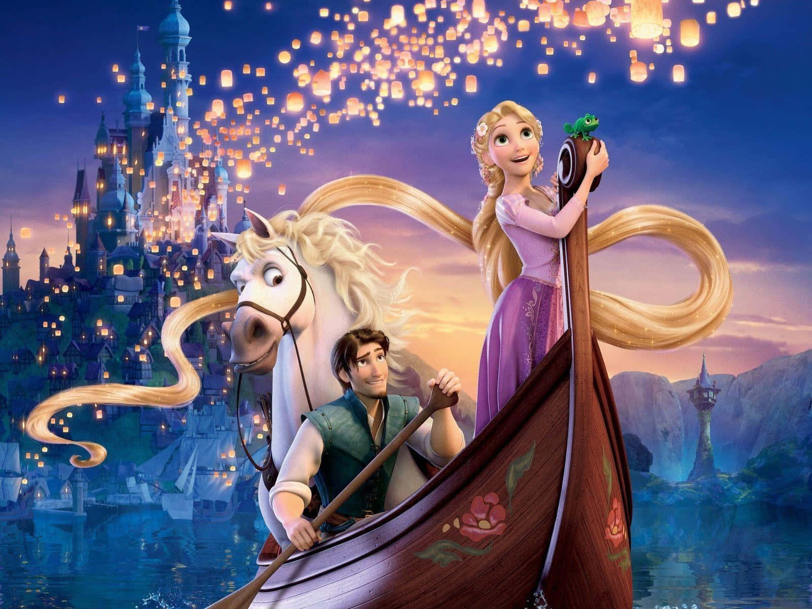 Bestesdisney-hintergrundbild: Die Hauptfiguren Aus Rapunzel - Neu Verföhnt In Einem Boot Fahrend