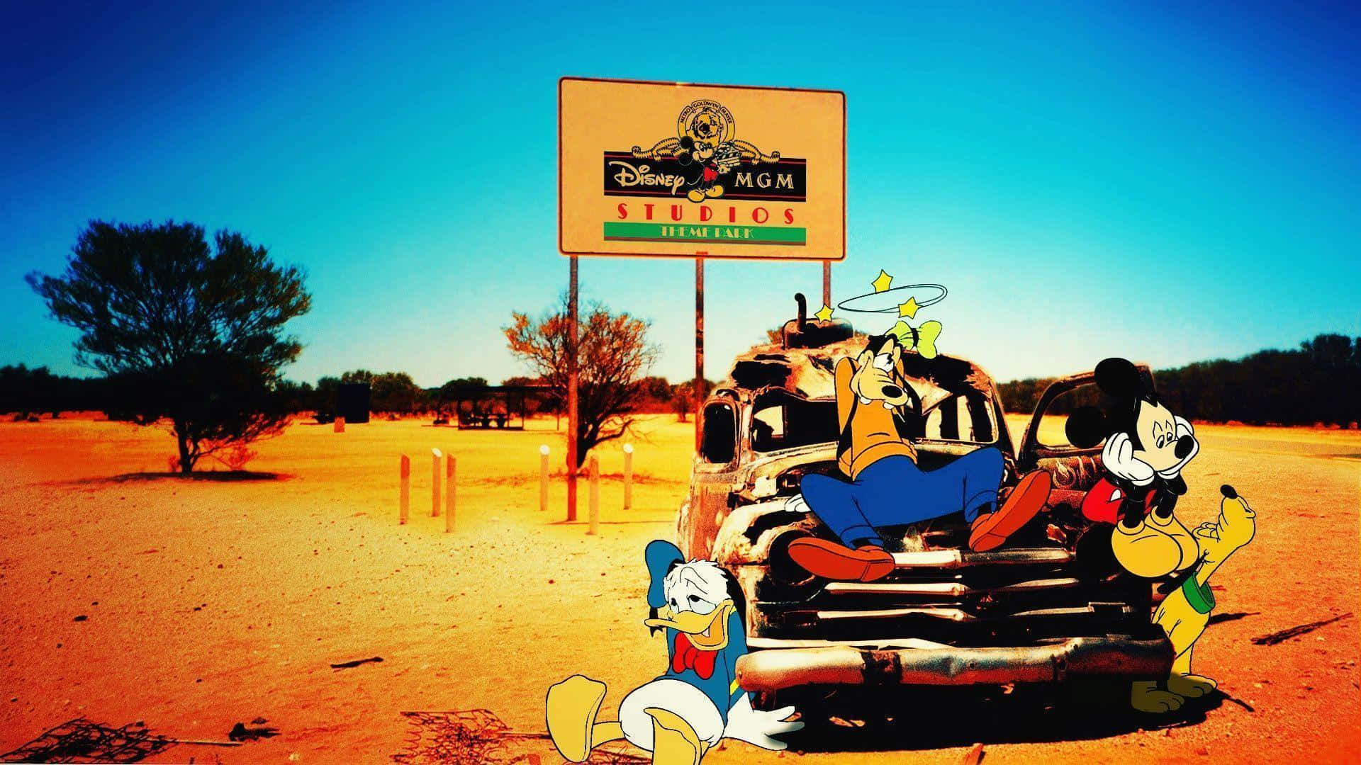 Mejorfondo De Pantalla De Disney Con Donald, Goofy Y Mickey En Un Carro Averiado.