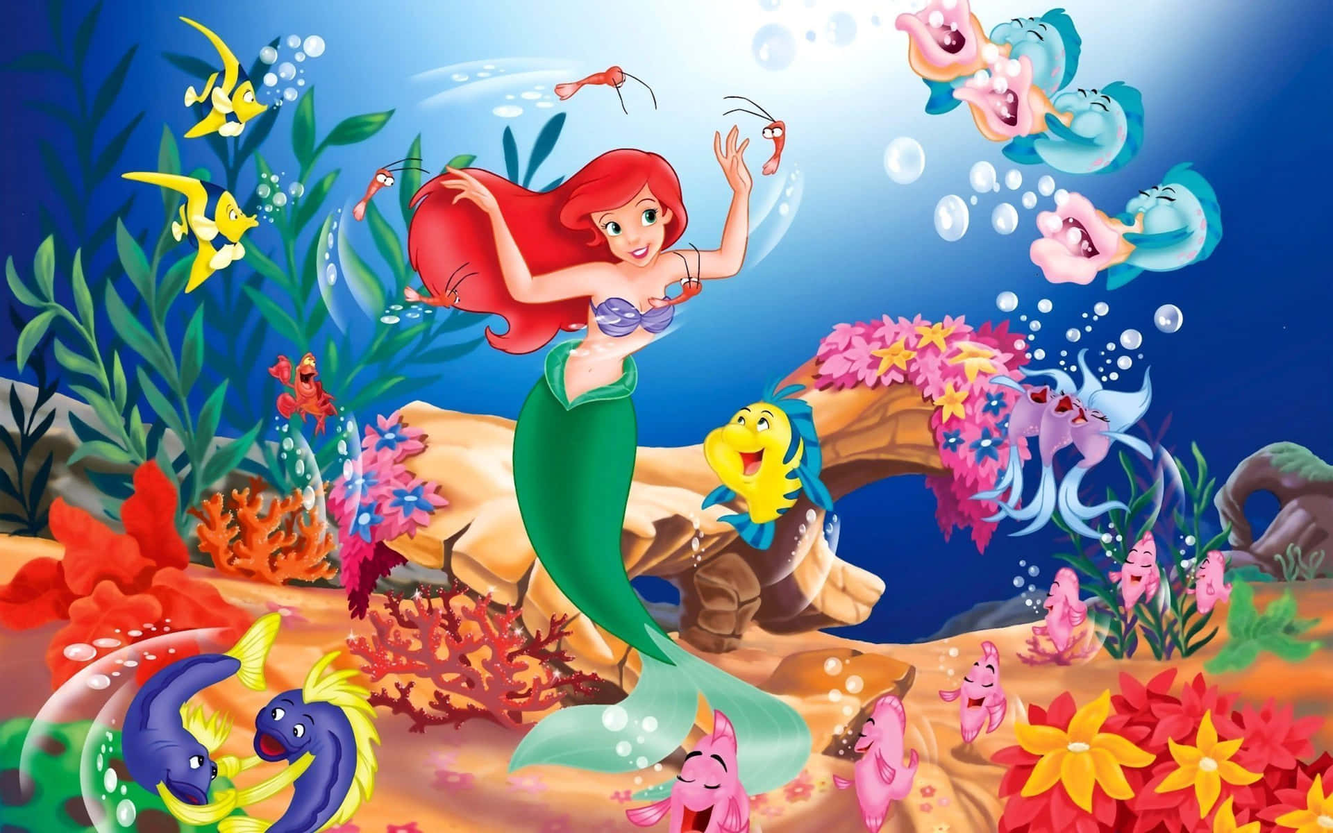 Den bedste Disney baggrund Ariel med hendes venner Flounder og Sebastian!