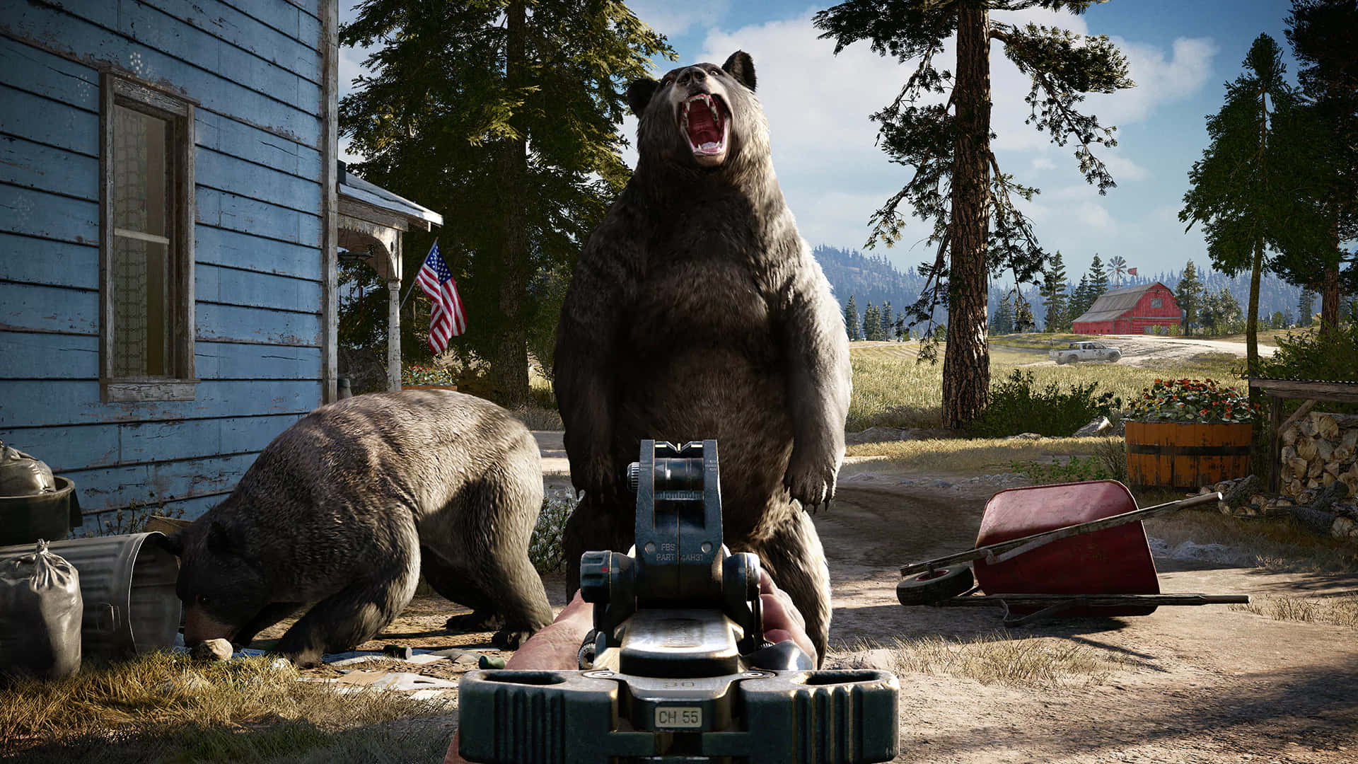 A Bear Is Standing In Front Of A House With A Gun