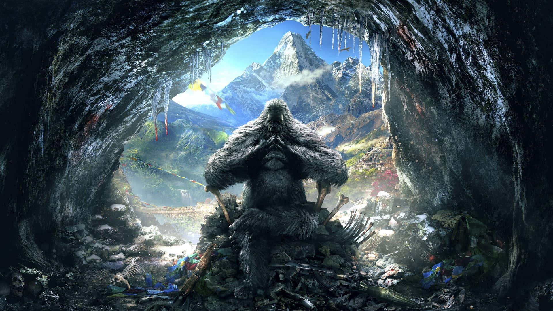 A Man Is Sitting In A Cave With A Mountain In The Background