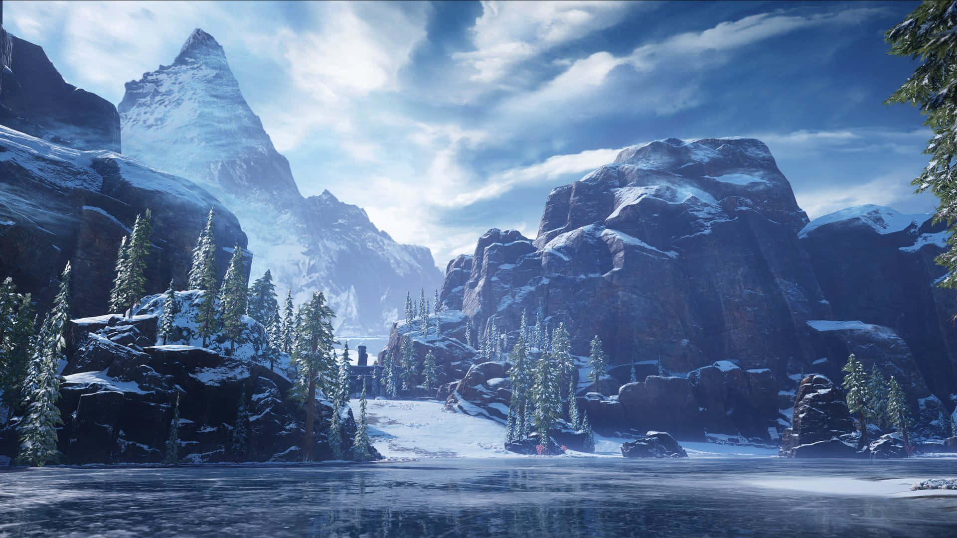 A Snowy Mountain Scene With Trees And Mountains