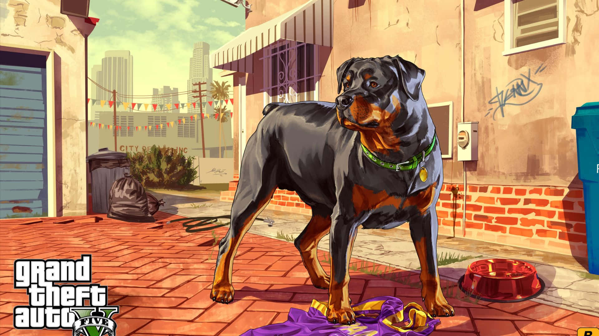 a rottweiler is standing on a street with trash