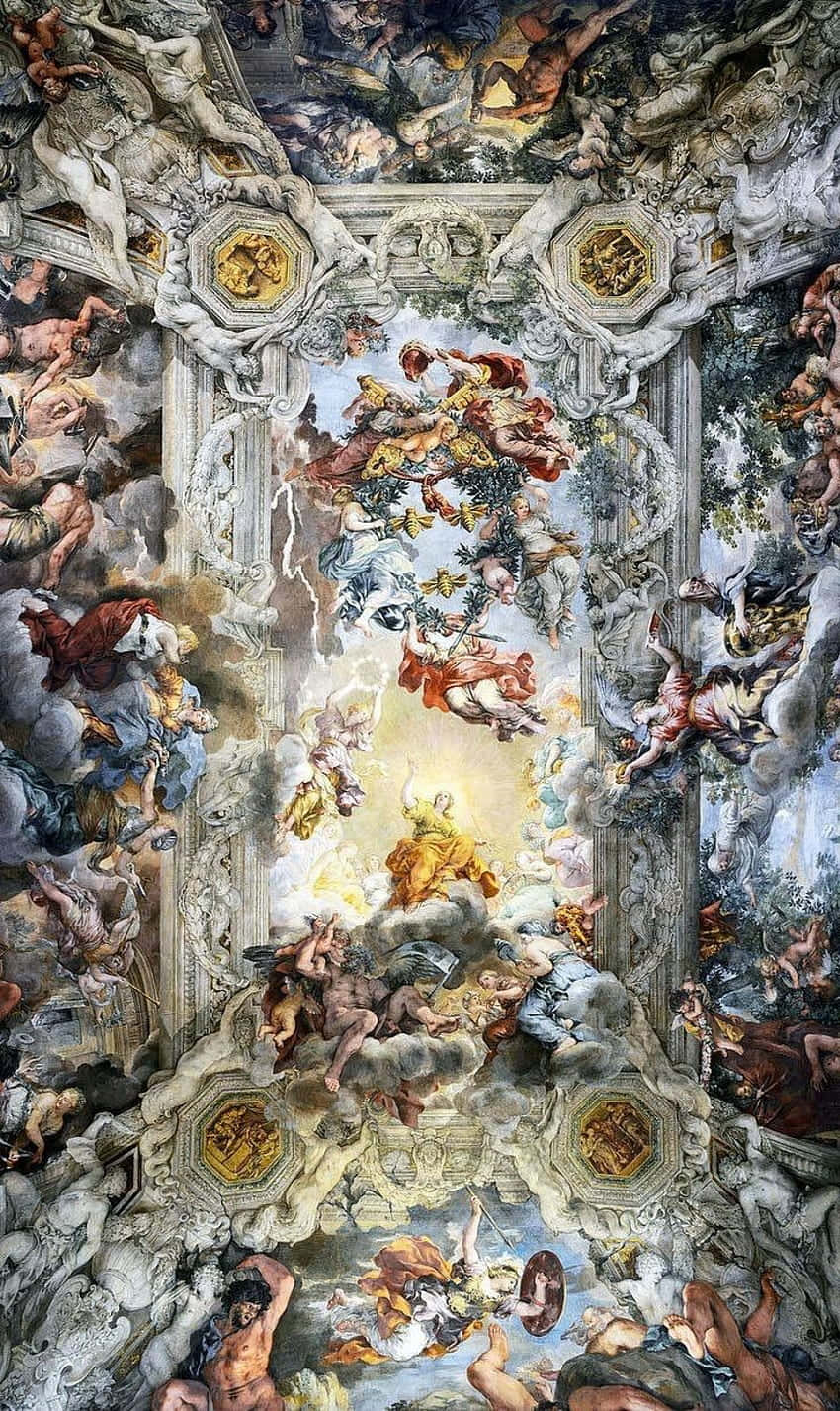 A Ceiling With Many Paintings And Angels Wallpaper