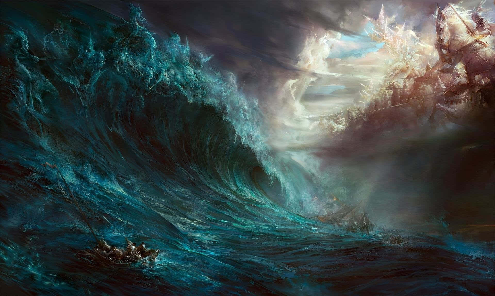 A Painting Of A Stormy Ocean With A Ship In The Middle Wallpaper