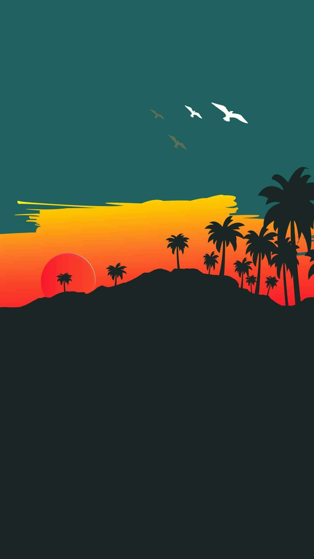 A Sunset With Palm Trees And Birds Wallpaper
