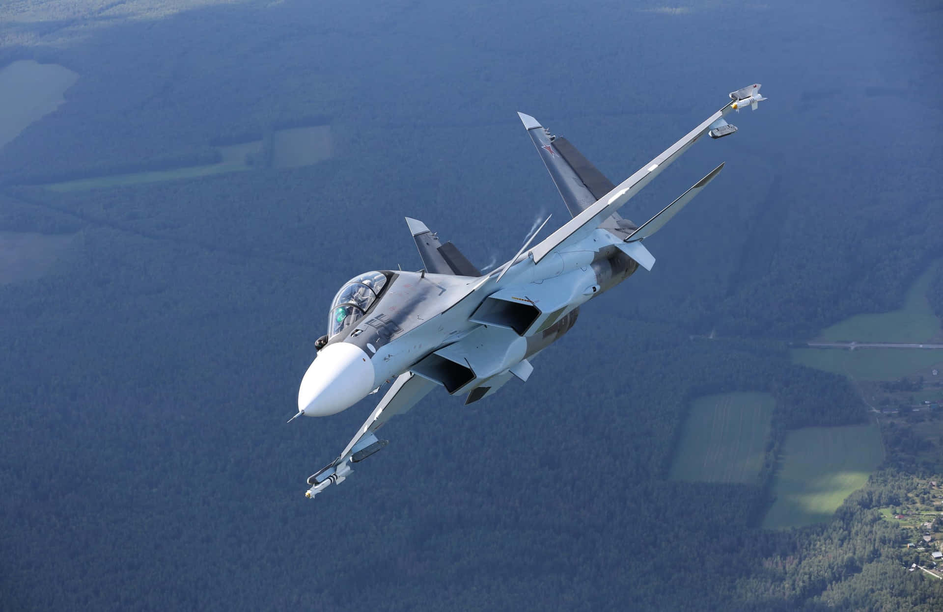 A Fighter Jet Flying Over A Forest