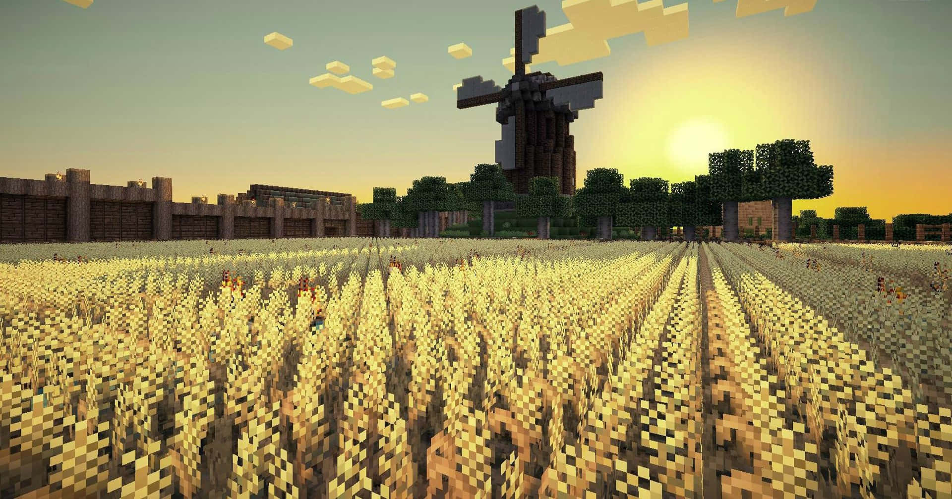 A Screenshot Of A Minecraft Field With A Windmill