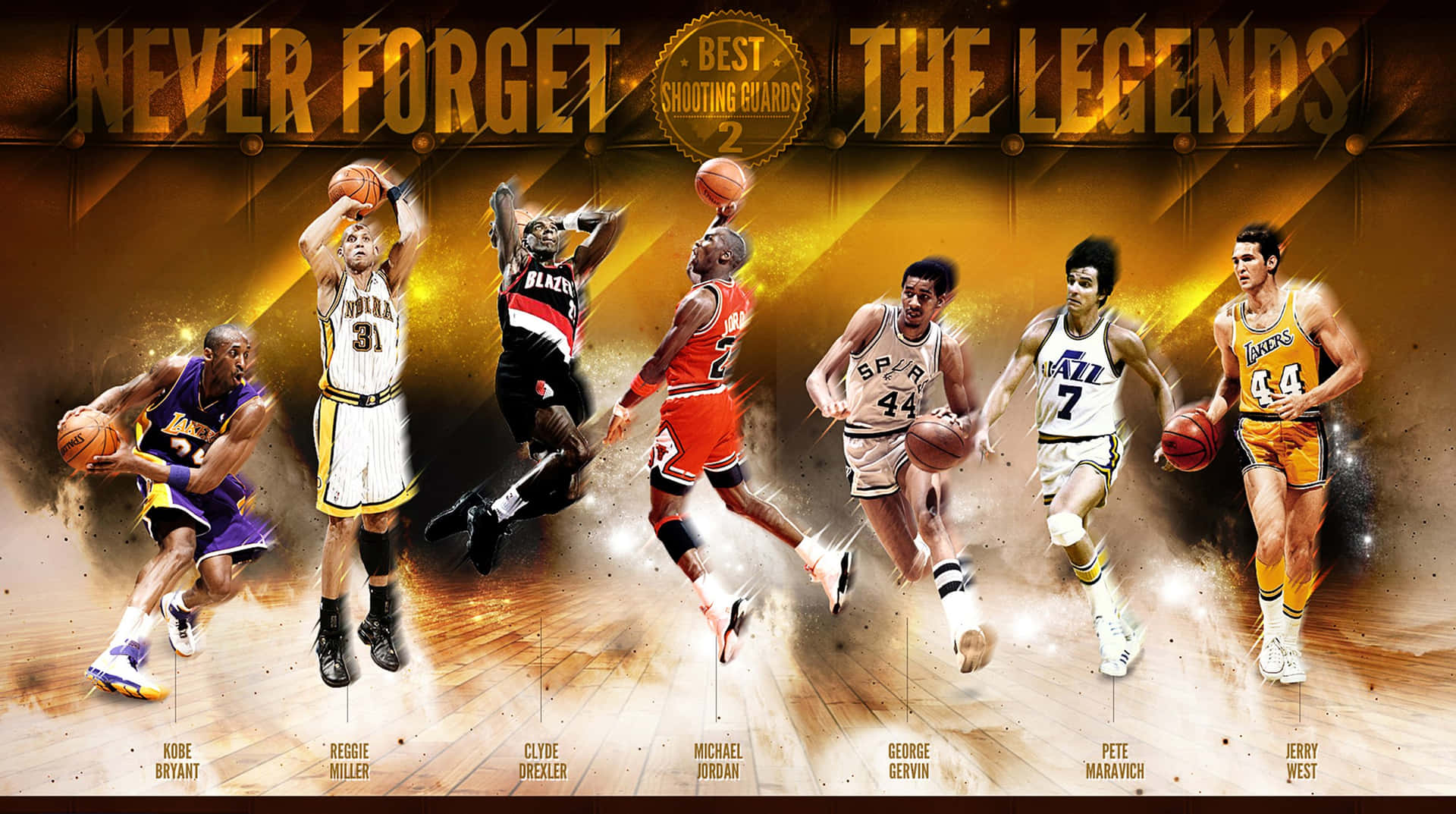 En plakat af NBA-spillere med ordene 'Glem aldrig legenderne' Wallpaper