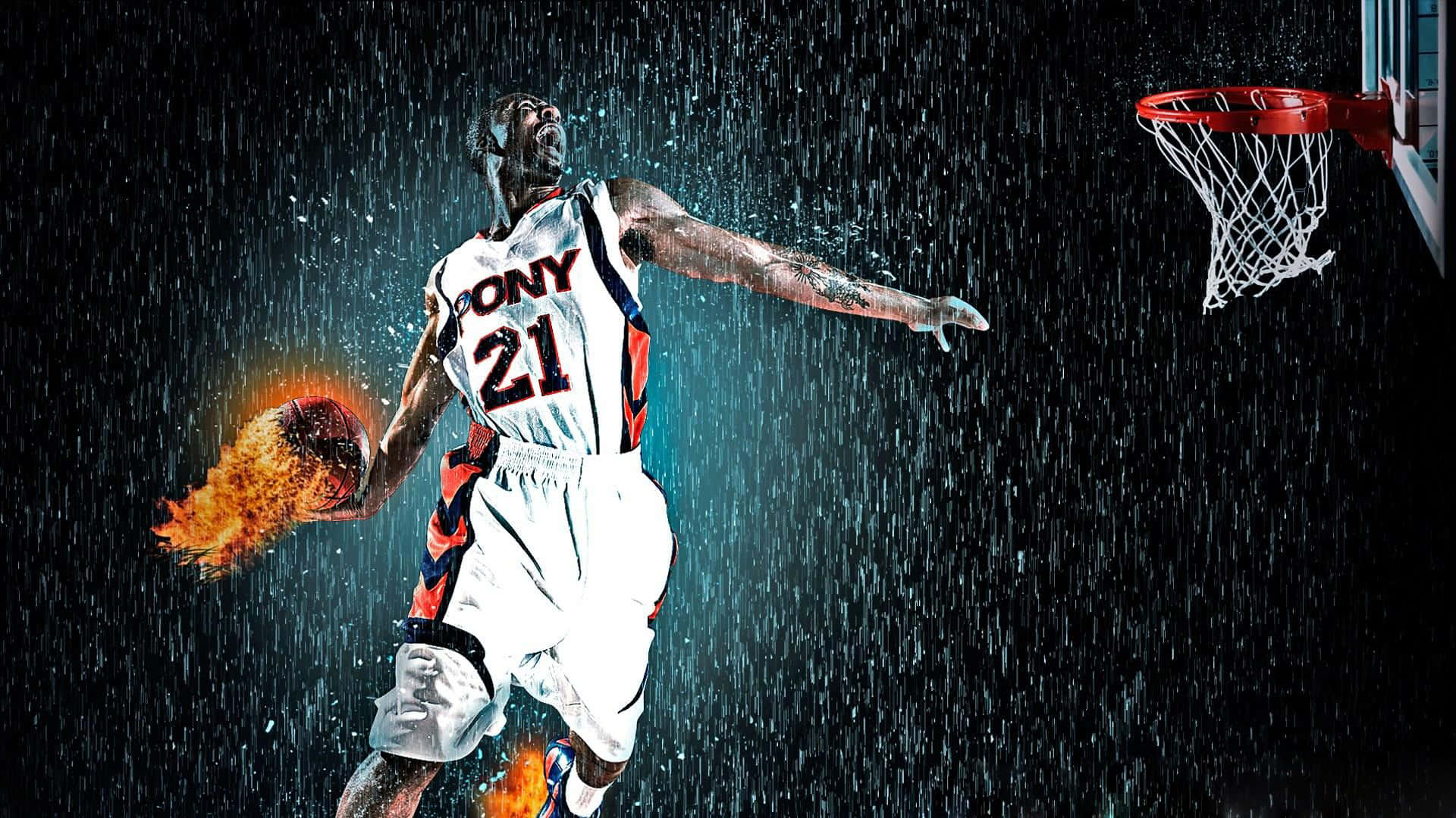 Einbasketballspieler Dribbelt Im Regen. Wallpaper