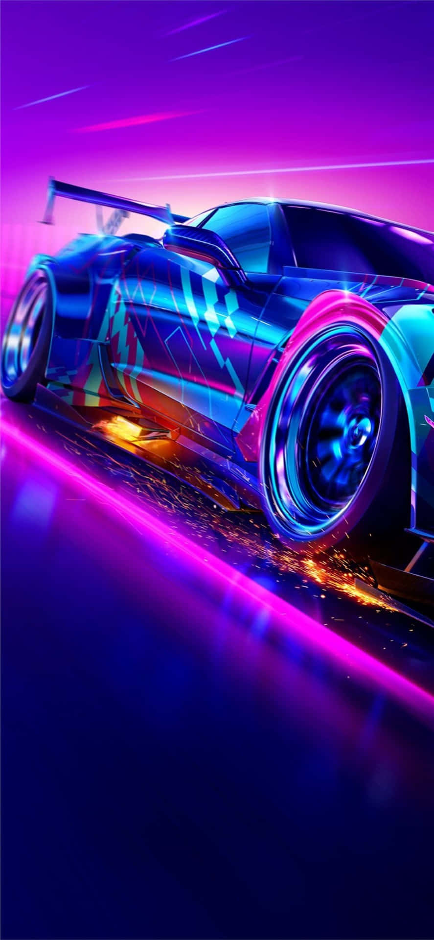 A Car Driving Down A Road With Neon Lights