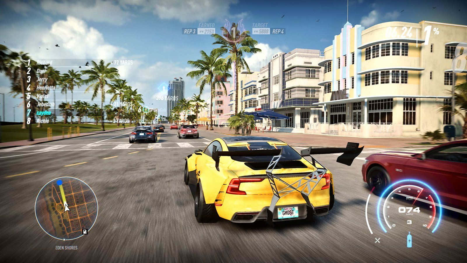 A Screenshot Of A Racing Game With Cars Driving Down The Street