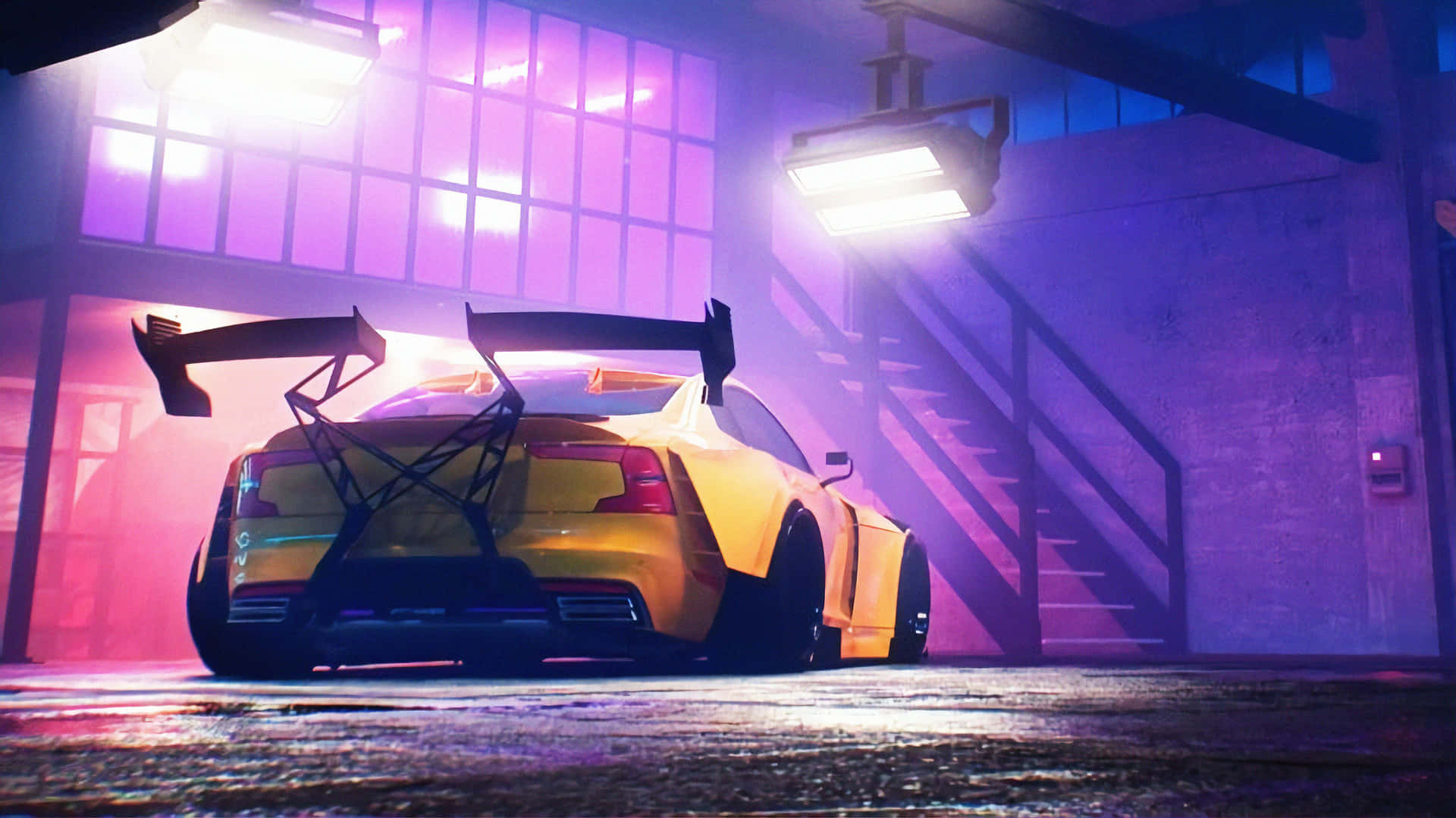 A Yellow Car In A Garage With Neon Lights