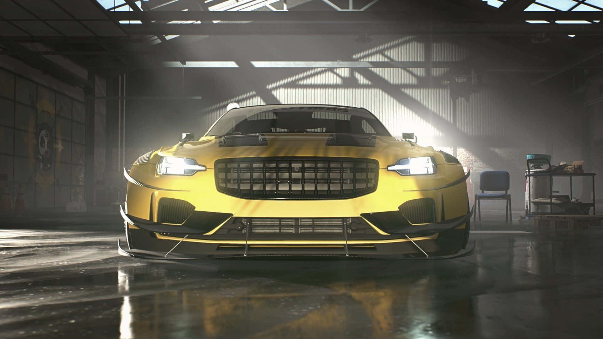 A Yellow Car In A Garage With Lights On