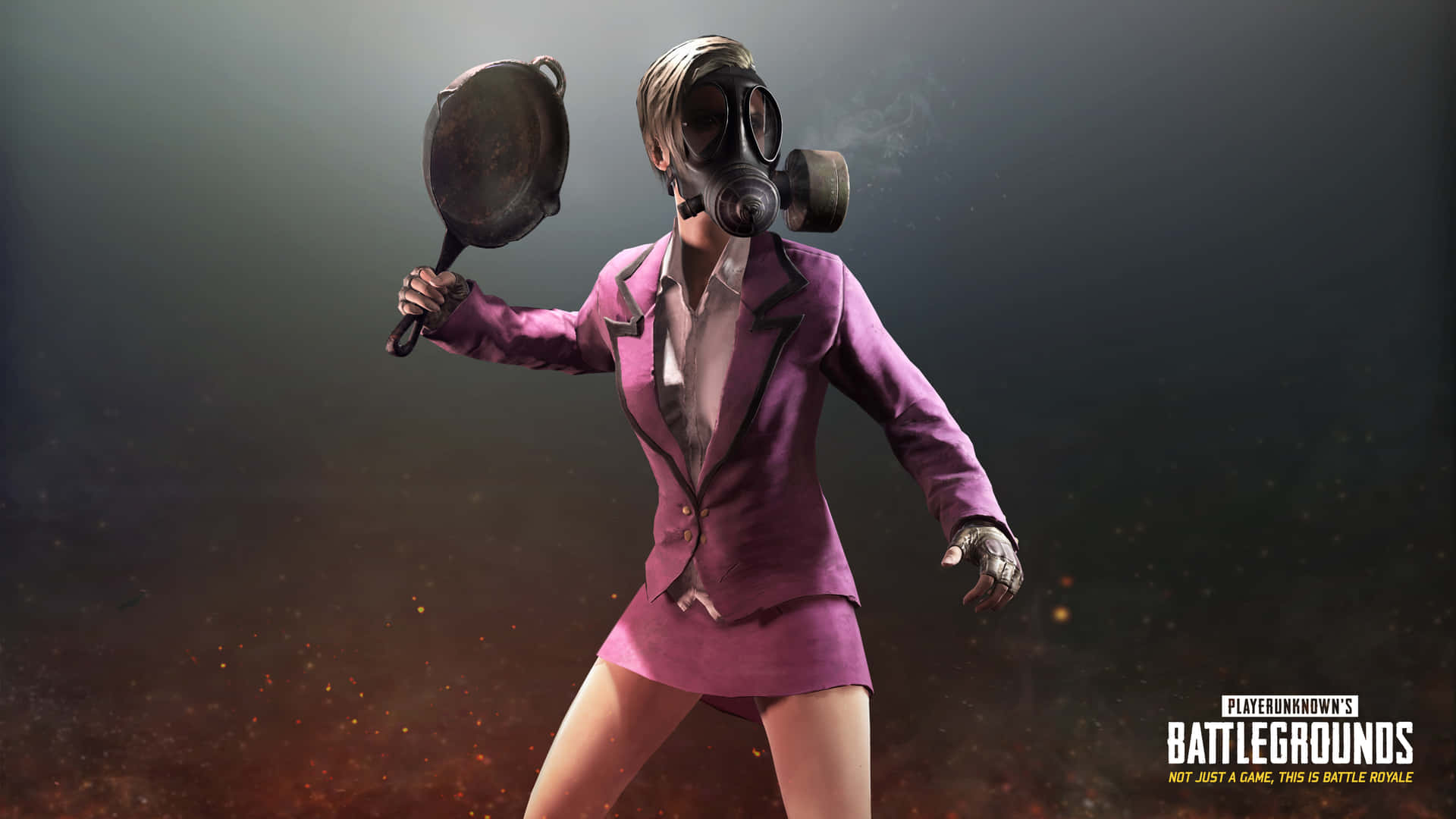 A Woman In A Suit With A Pan On Her Head