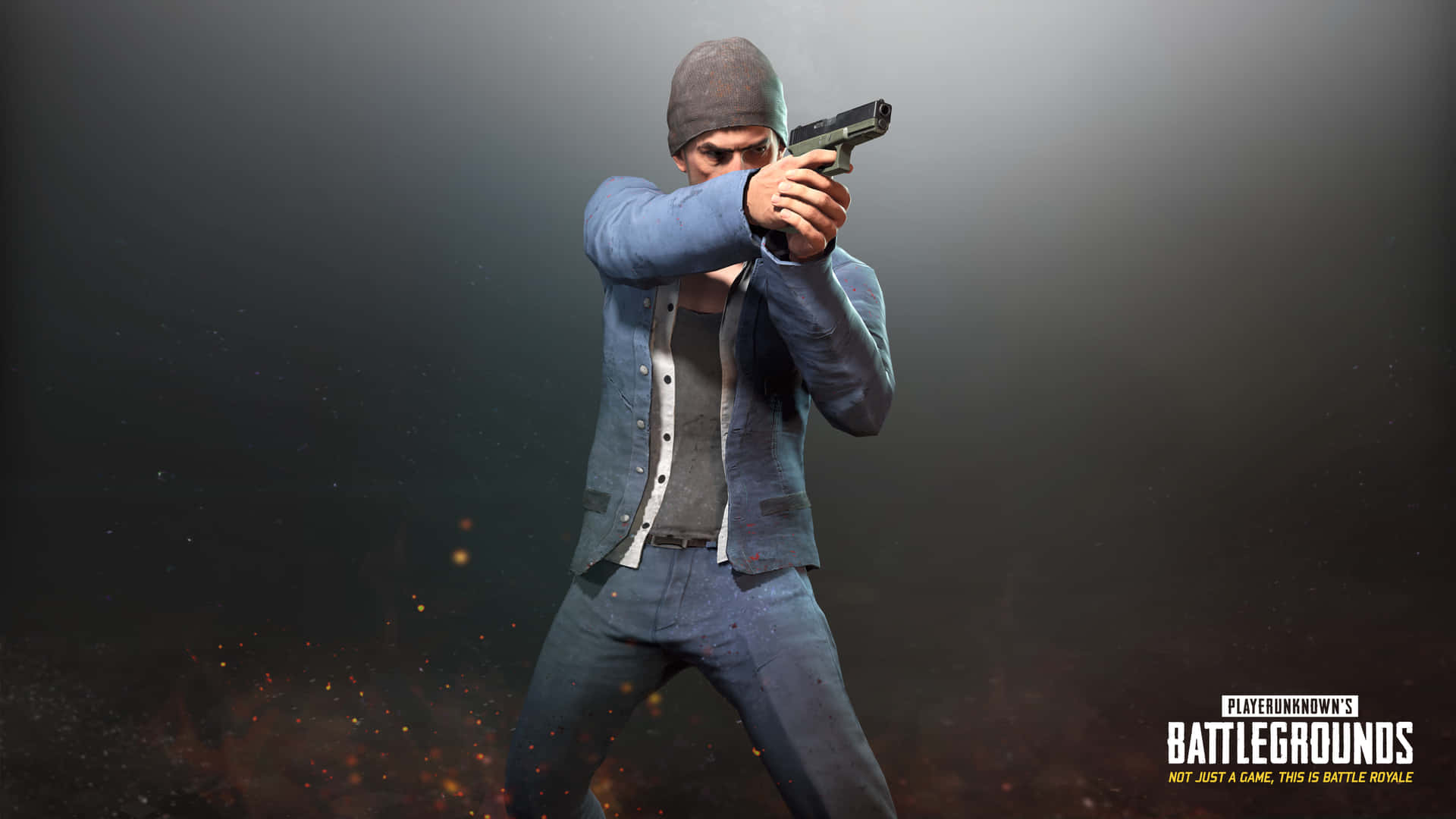 A Man Holding A Gun In Front Of A Dark Background