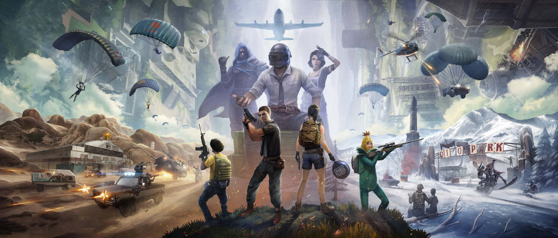 En plakat til et spil med mennesker i baggrunden