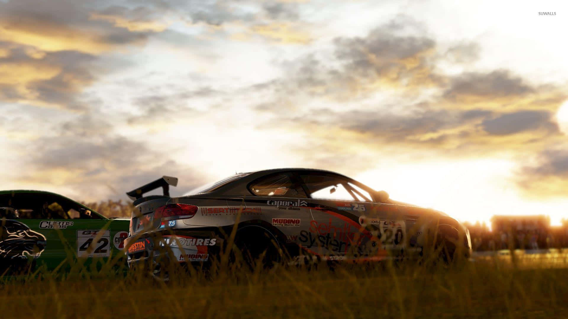 A Screenshot Of Two Cars In The Grass