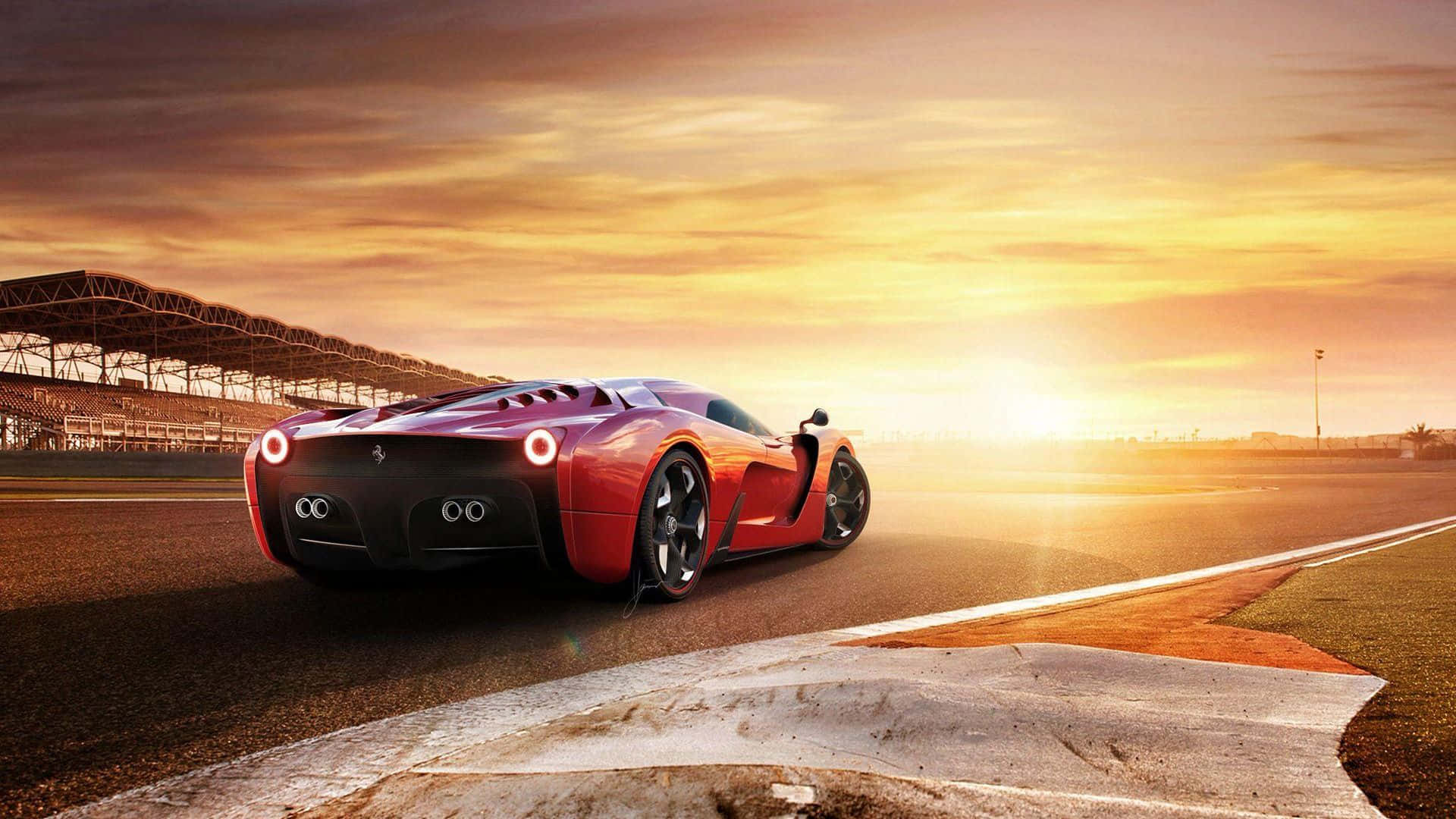 A Red Sports Car Driving On A Track At Sunset