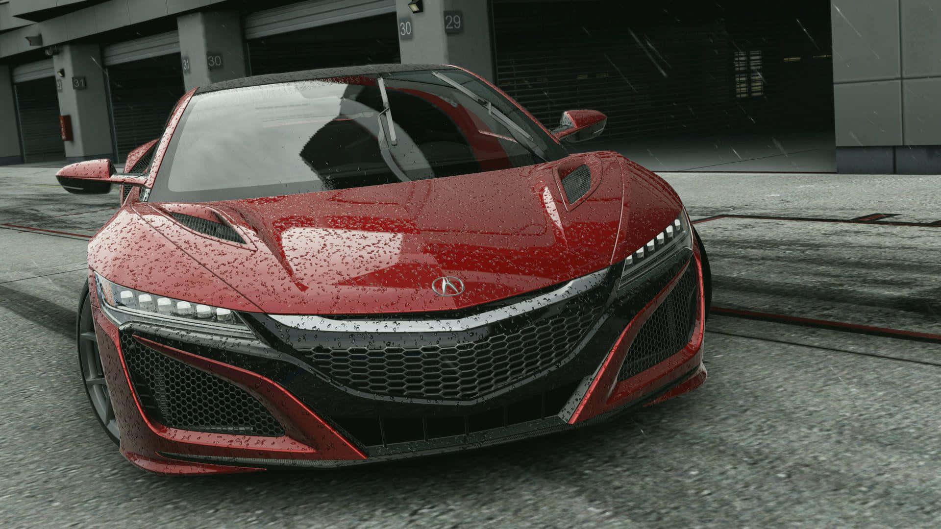 A Red Car Driving Down The Street In A Rainy Day