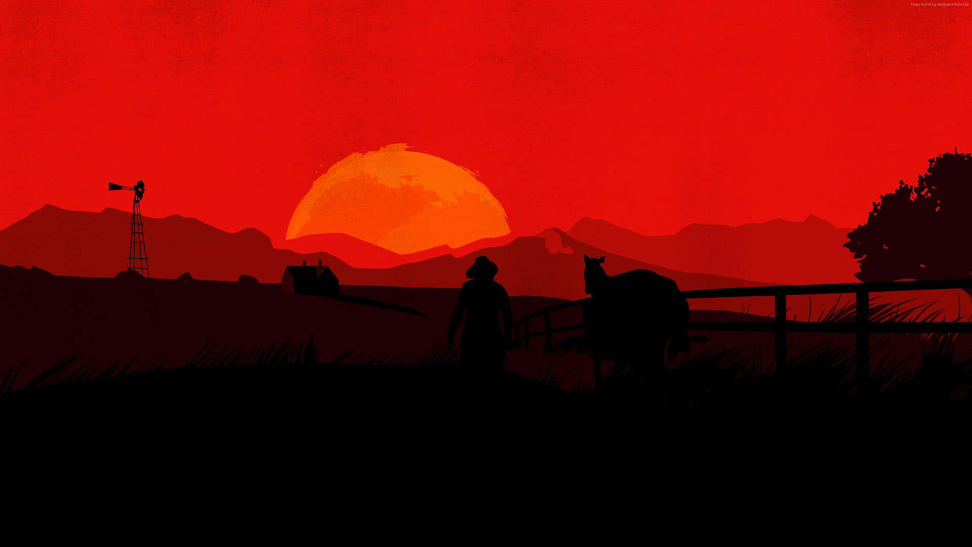 Migliorsfondo Di Red Dead Redemption 2 Con Uomo E Cavallo Al Tramonto.