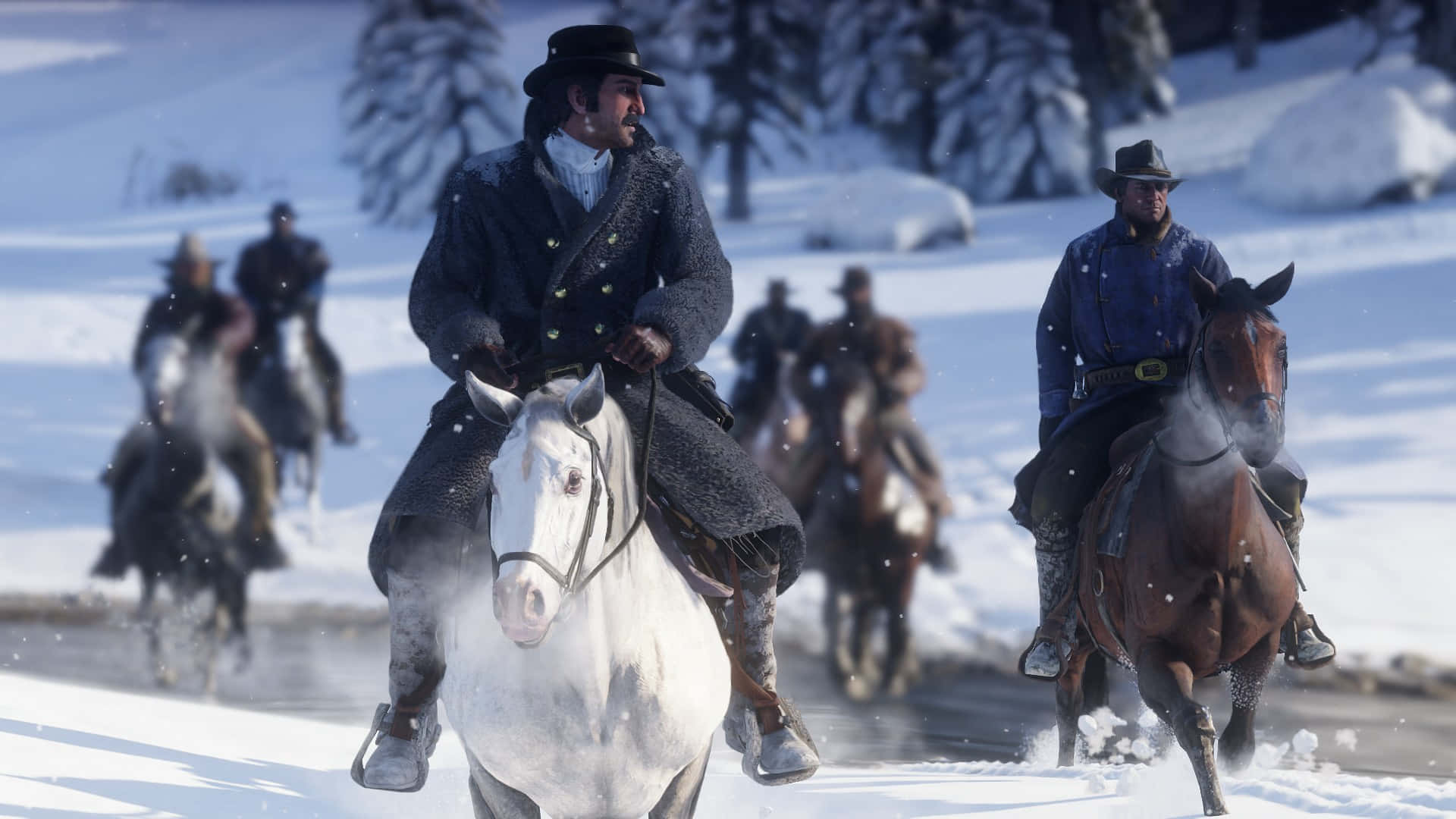 Migliorsfondo Di Red Dead Redemption 2 Con Cowboy Che Viaggiano Nella Neve