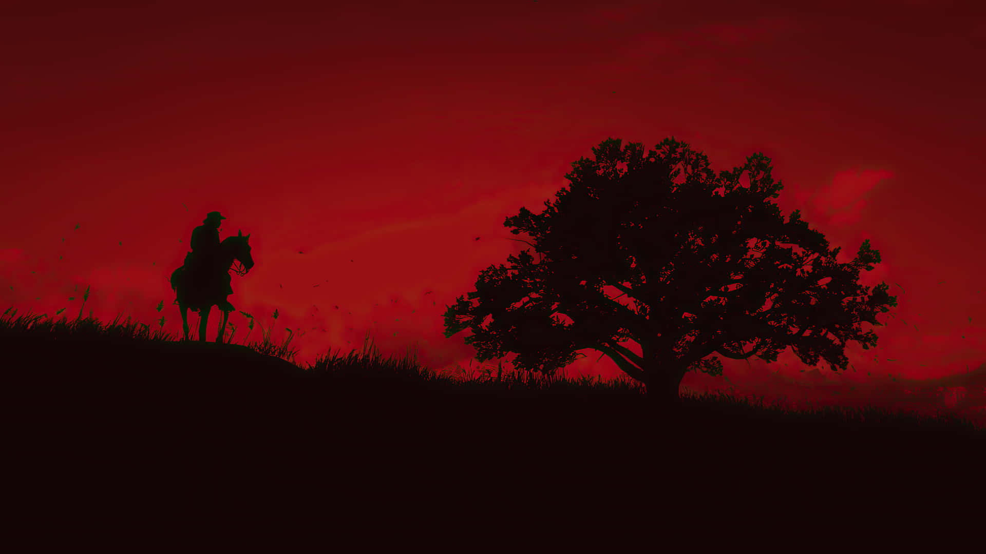 Migliorsfondo Di Red Dead Redemption 2: Silhouette Di Un Cowboy Su Uno Sfondo Rosso Scuro