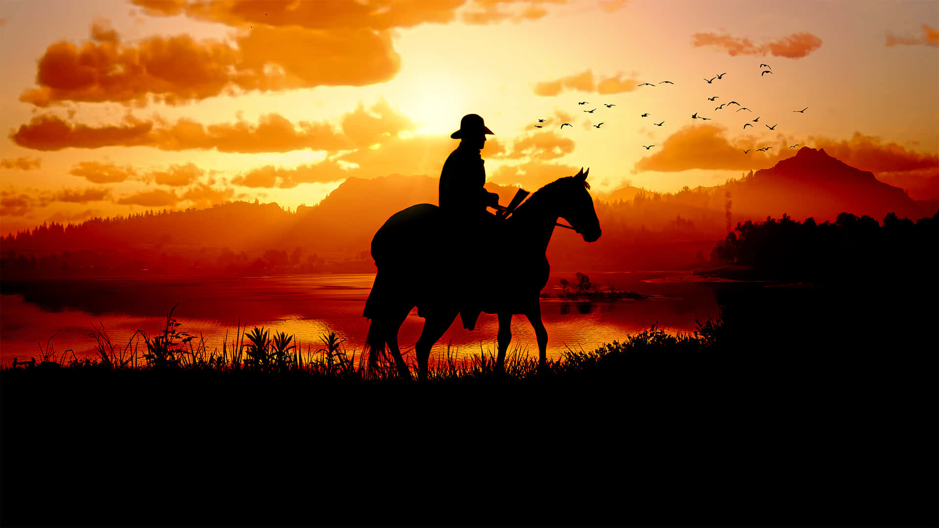 Migliorsfondo Red Dead Redemption 2 Con Un Cowboy In Ombra Al Tramonto.