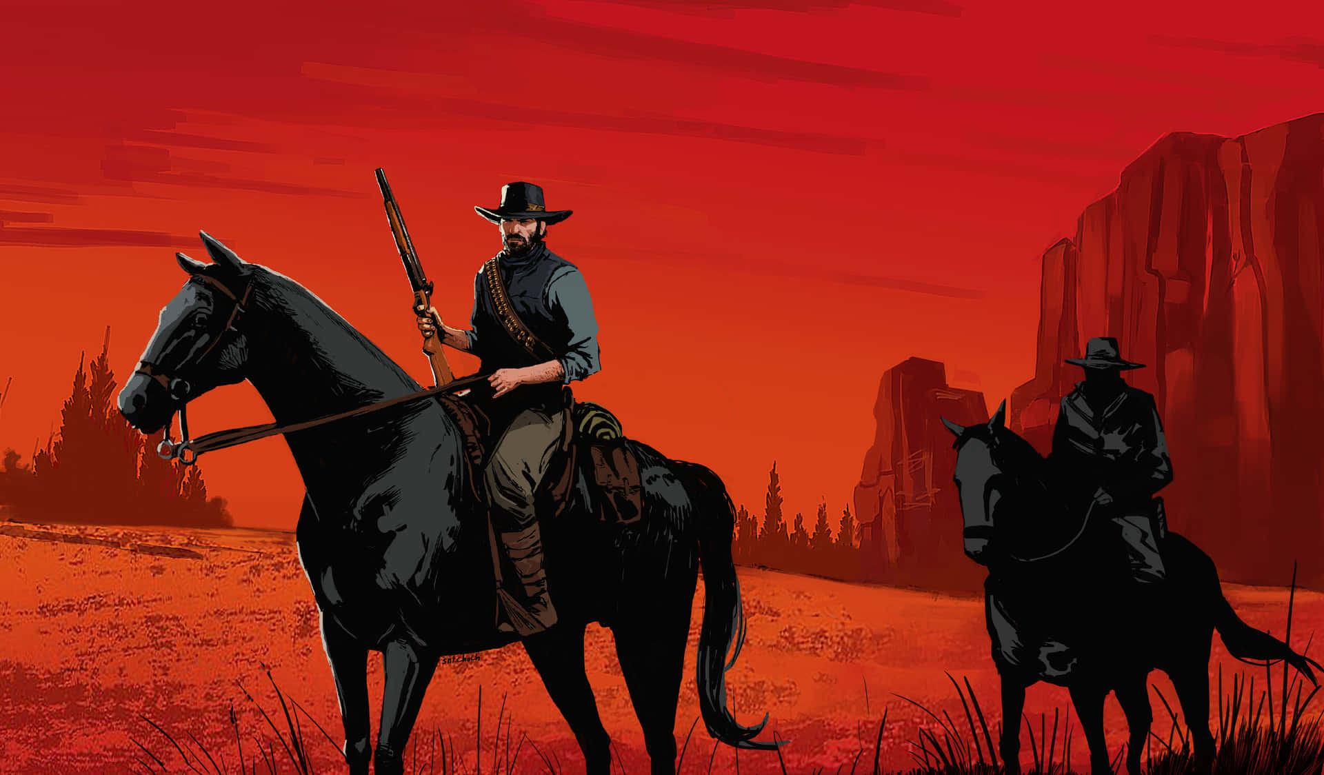 Miglioresfondo Di Red Dead Redemption 2 Con Due Cowboy In Viaggio.