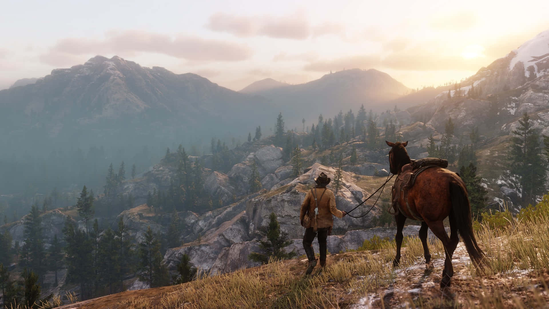 Best Red Dead Redemption 2 Cowboy And His Horse On A Mountain Background