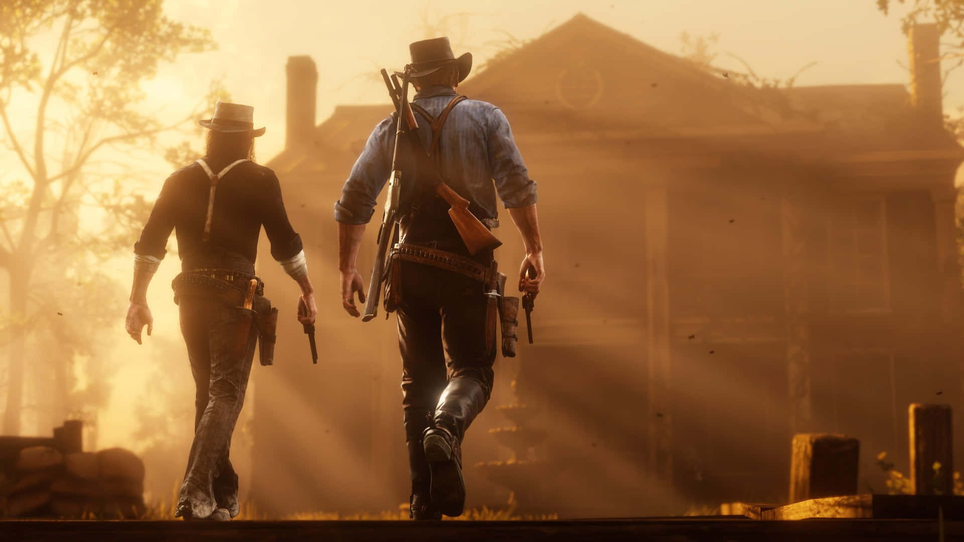 Ilmigliore Sfondo Di Red Dead Redemption 2 Con Arthur E John Che Camminano Verso Una Casa