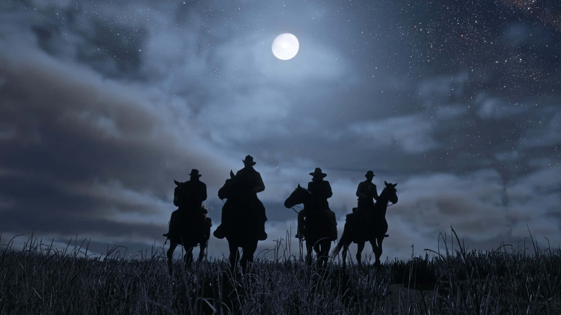 Migliorsfondo Di Red Dead Redemption 2 Con Quattro Cowboy Di Notte.