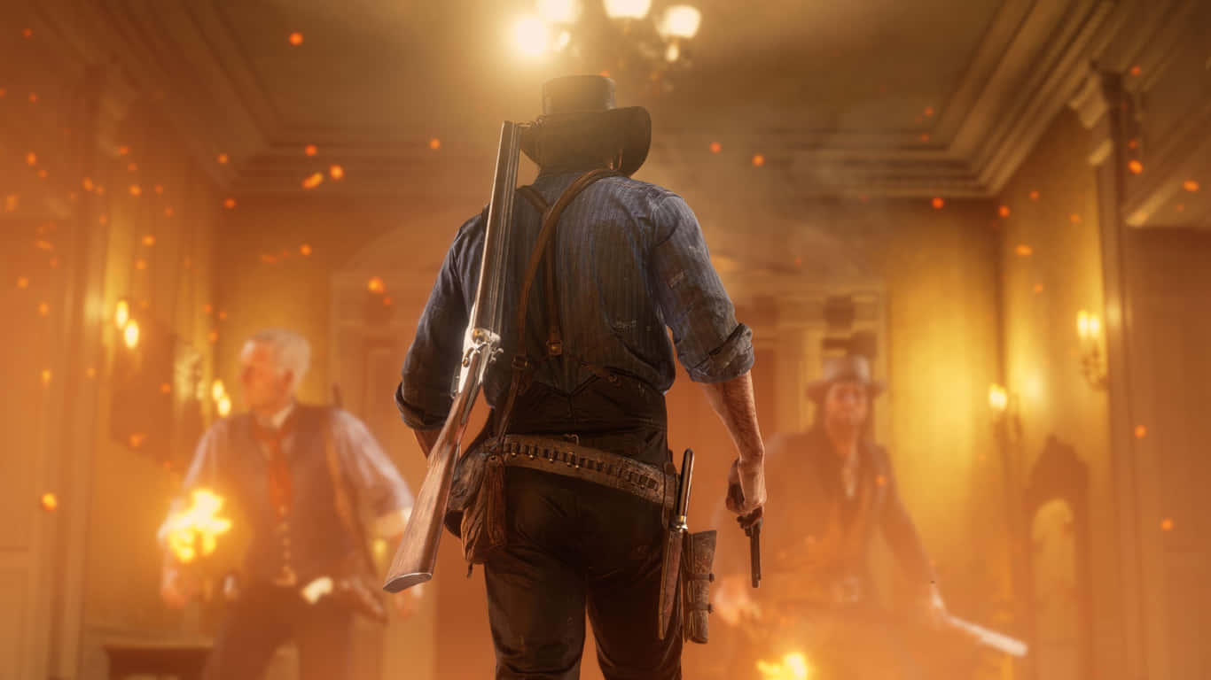 Migliorsfondo Di Red Dead Redemption 2 Con Un Cowboy In Una Casa In Fiamme