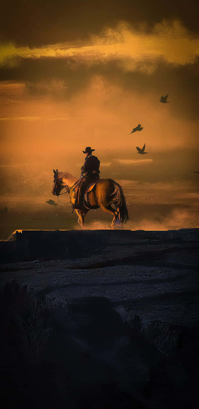 Migliorsfondo Di Red Dead Redemption 2 Con Un Cowboy Che Cavalca Un Cavallo Sulla Cima Di Una Montagna.