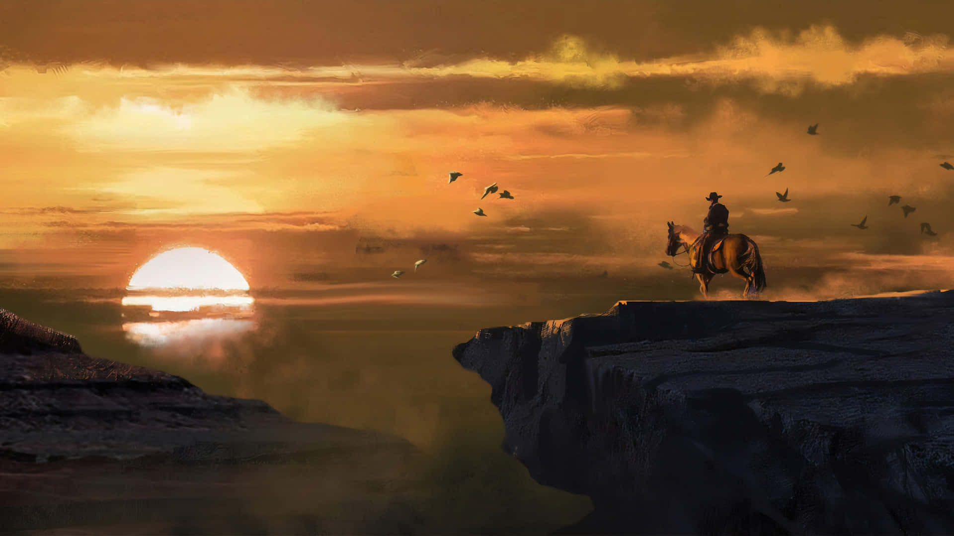 Migliorsfondo Di Red Dead Redemption 2: Il Cowboy Che Guarda Il Tramonto.