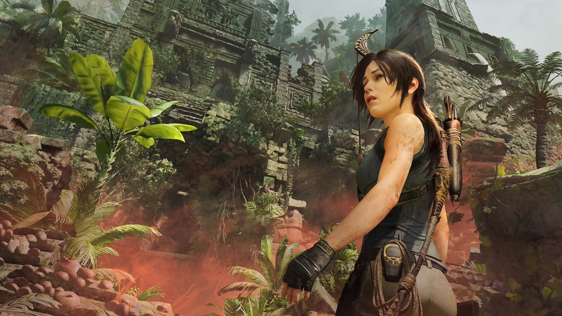 The Tomb Raider Is Standing In Front Of A Jungle