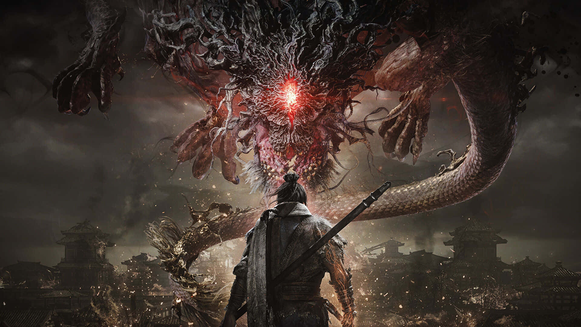 Besteshintergrundbild Von Shadow Of War: Ein Krieger, Der Einem Drachen Entgegentritt.