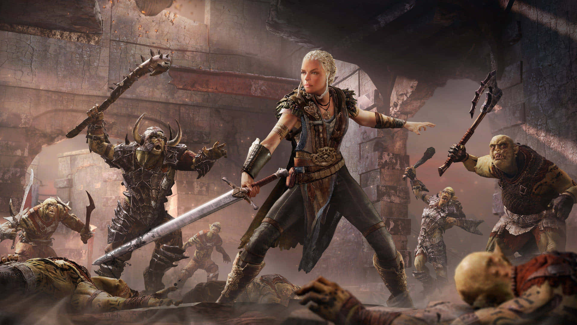 Besteshintergrundbild Von Shadow Of War: Weiblicher Elf Gegen Orks.