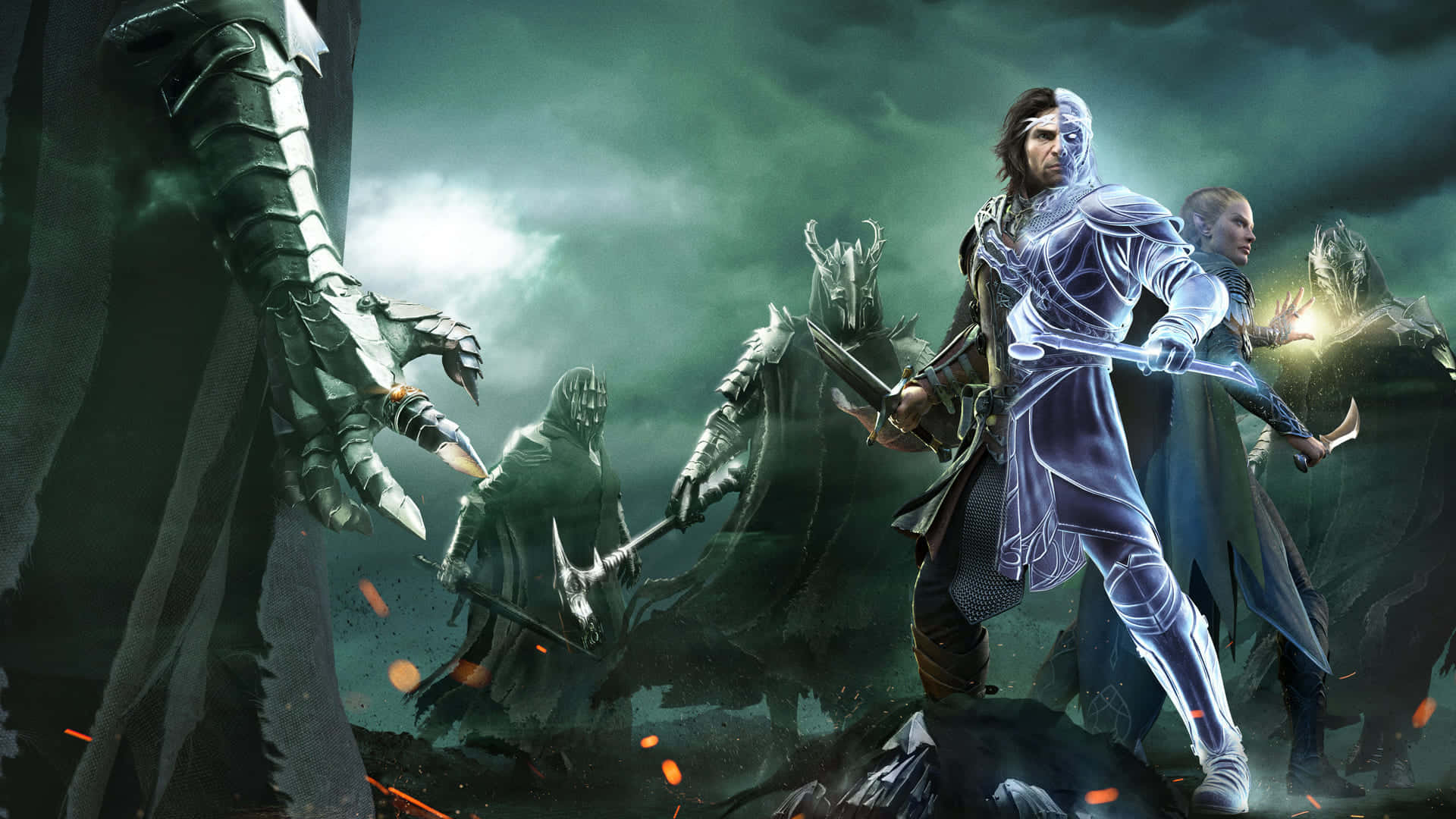 Bästabakgrundsbilden För Shadow Of War: Talion Omringad Av Fiender.