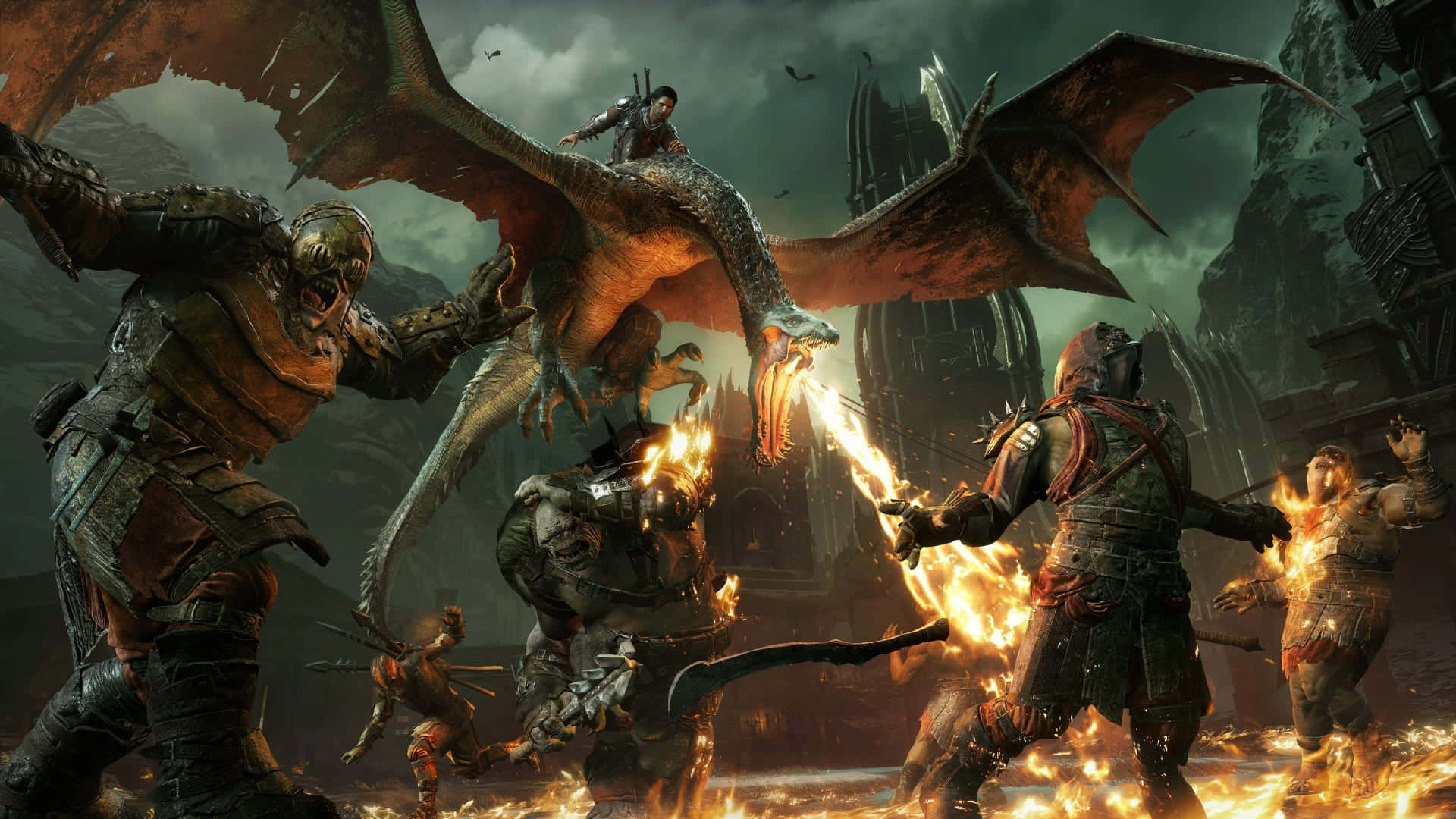 Besteshintergrundbild Von Shadow Of War: Drachen Kämpfen Gegen Krieger.