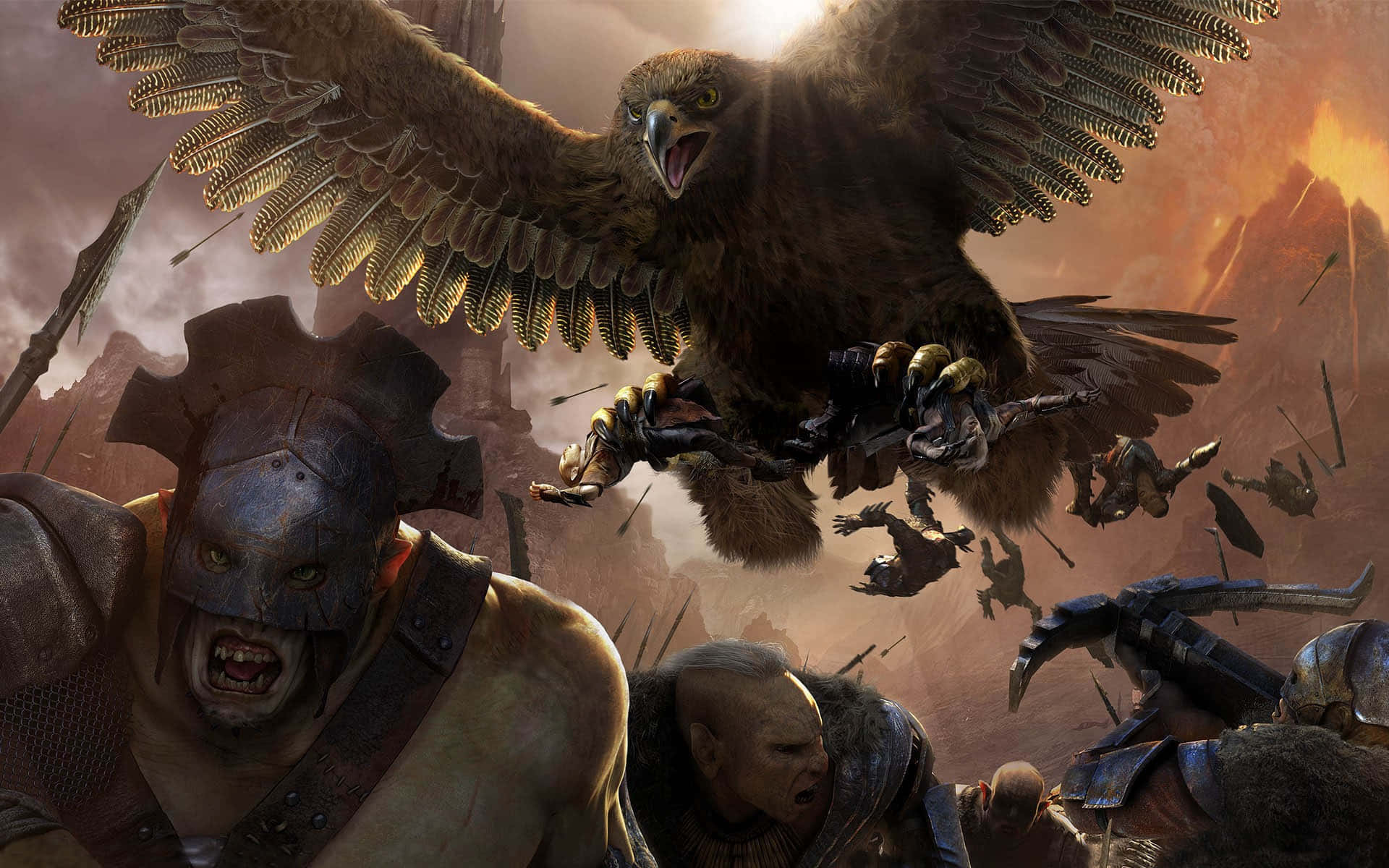 Mejorfondo De Pantalla De Shadow Of War: Guerreros Luchando Con Un Águila