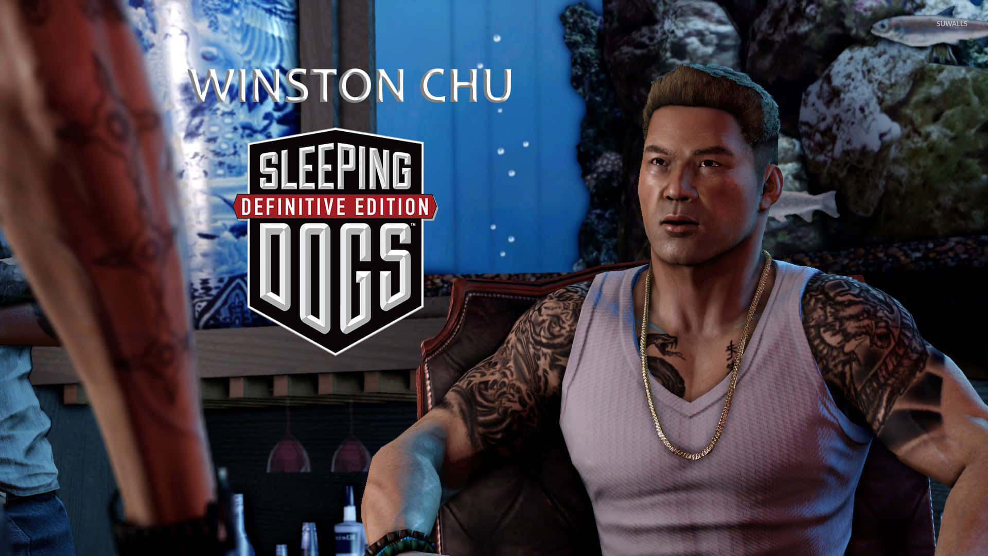 Bästabakgrundsbilden För Sleeping Dogs Är Winston Chu I Hans Kontor.