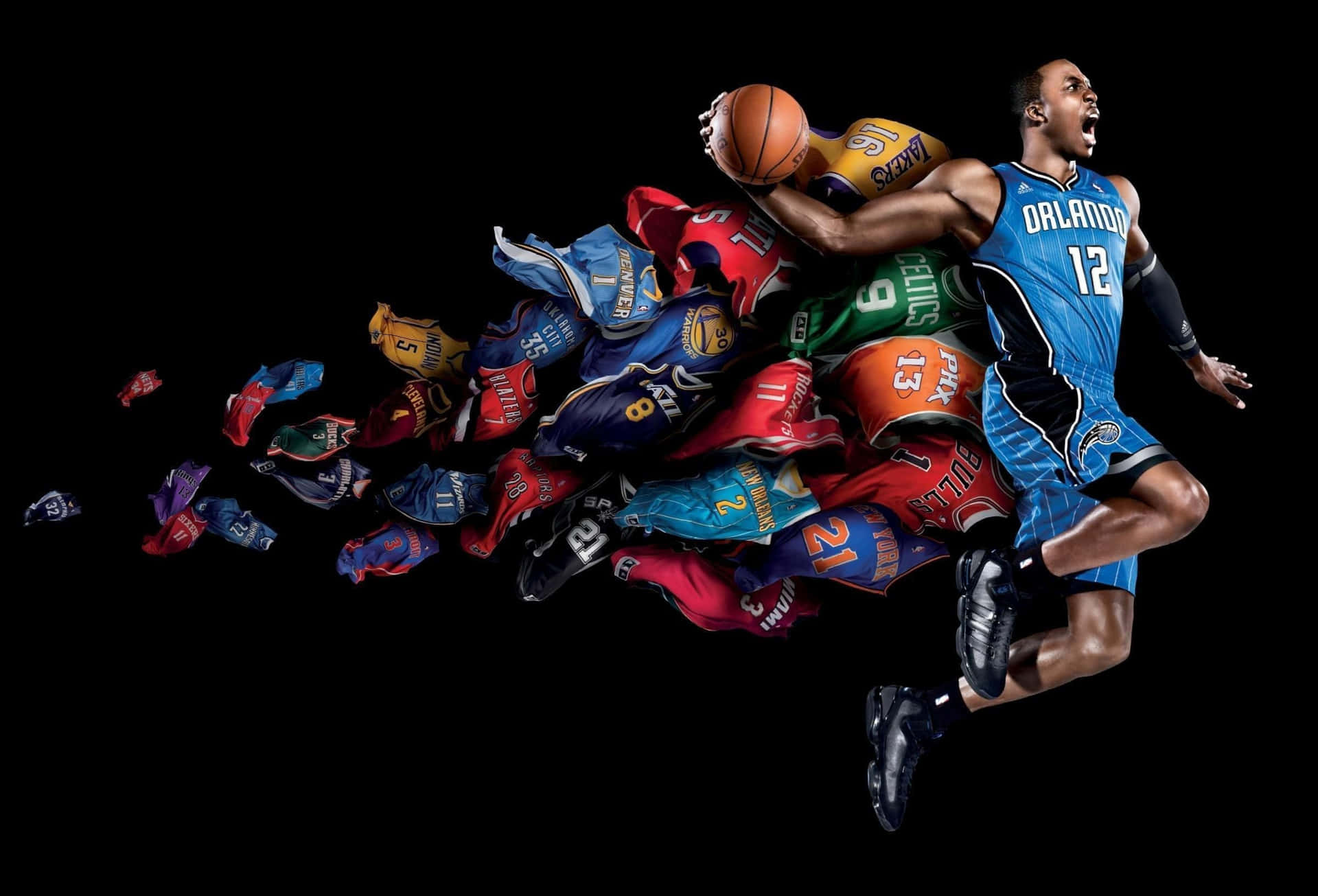 En basketballspiller hopper ind i et hav af sko Wallpaper