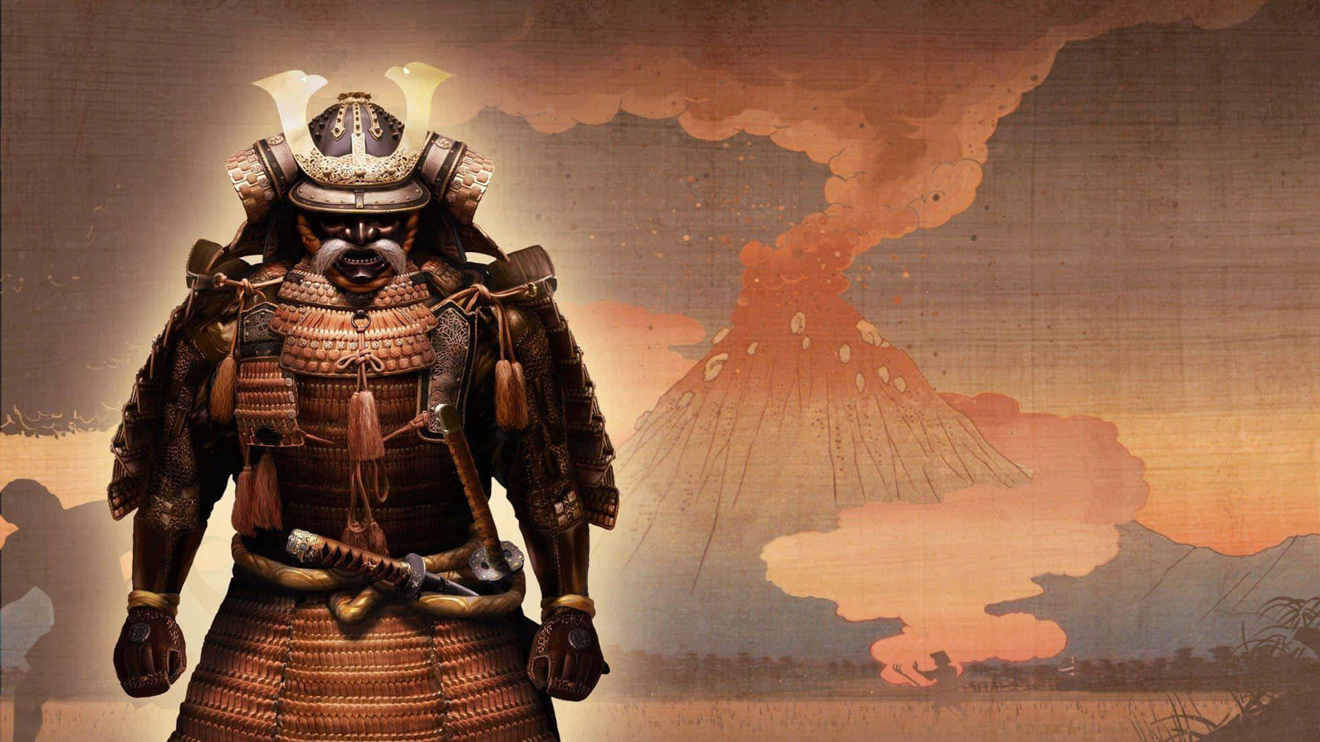 A Samurai In A Kimono Standing In Front Of A Volcano