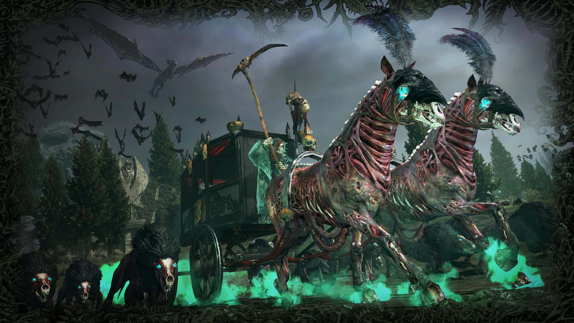 A Horse Drawn Carriage With A Green Dragon And A Demon