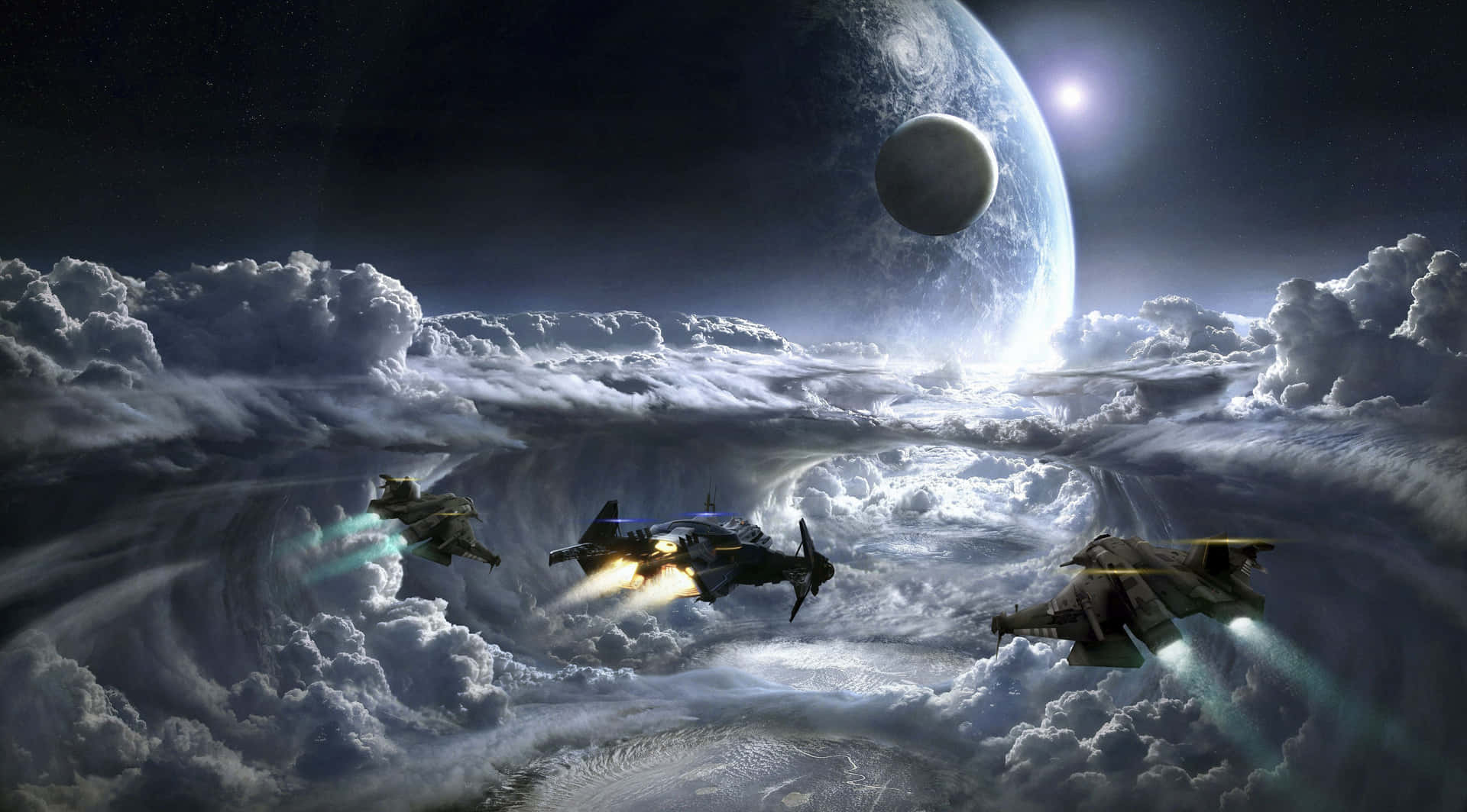 A Spaceship Flying Over Clouds And A Planet