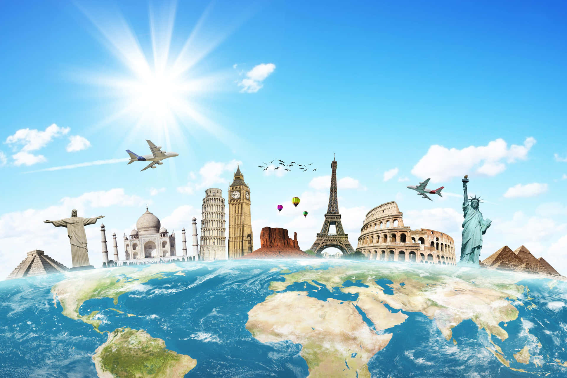 Travel Around The World Concept With Airplanes And Landmarks Wallpaper