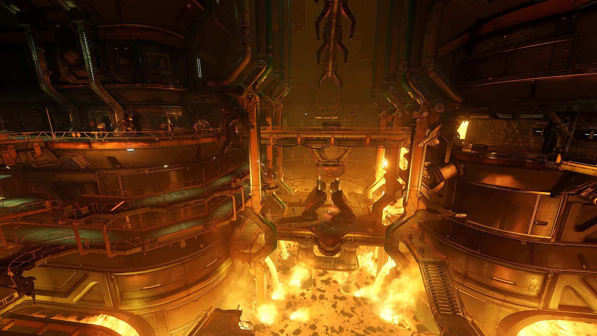 A Screenshot Of A Futuristic Building With Fire And Flames